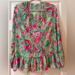 Lilly Pulitzer Tensley Blouse Vibrant Green and Pink